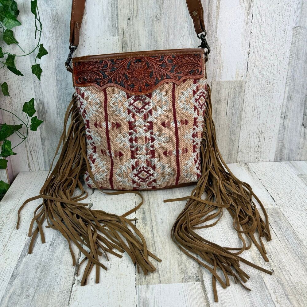 Myra Bag Mojave Paisley Fringed Western Hand Crossbody Tooled Bag - Picture 2 of 12
